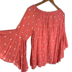 Fever Salmon Top On/Off Shoulder Blouse Top Bell Sleeve Pink Polka Dot Size S